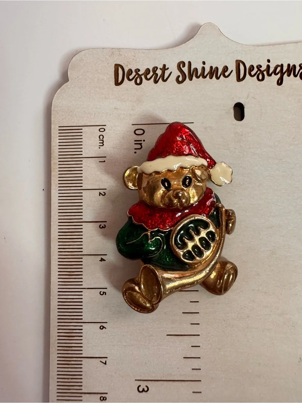 Vintage Christmas Teddy Bear French Horn Brooch Gold Tone Enamel Santa Hat Pin